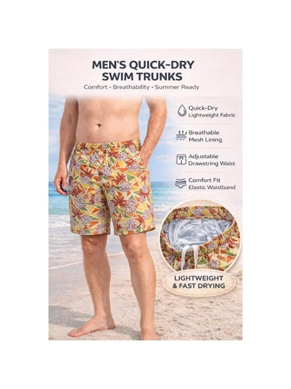 Men's Quick Dry Swim Trunks, Tropical Geometric Pattern, P31 - Picture 3 of 4